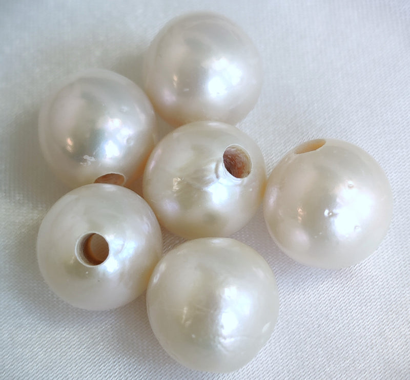 3mm Large Hole White Large Nucleated Round Baroque Genuine Freshwater Pearls Beads 12-14mm