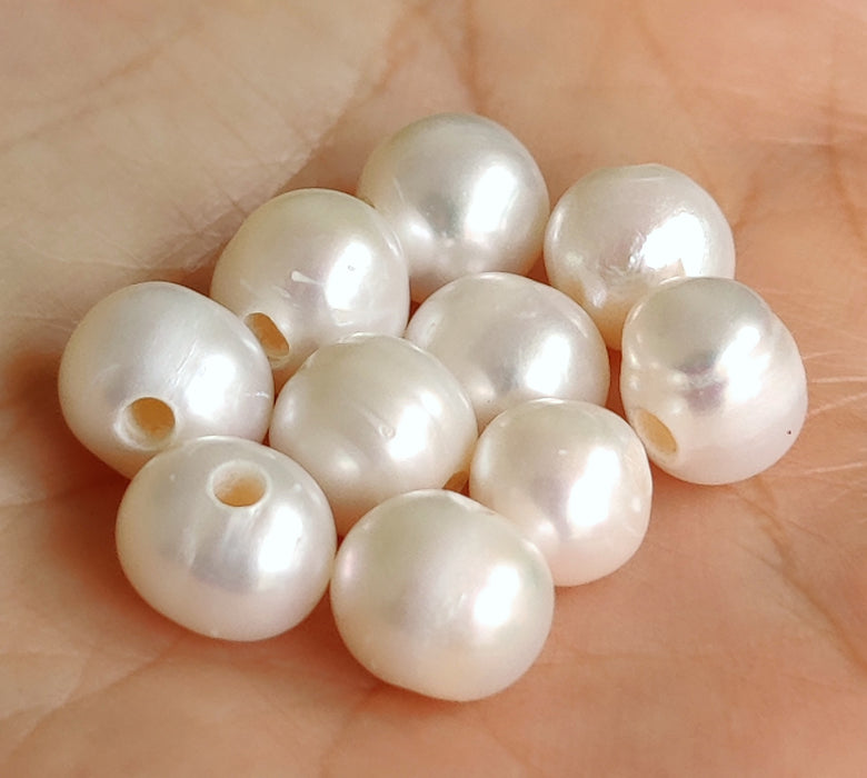 10x 2mm Large Hole White Near Round Freshwater Pearls for Jewellery Making 8-9mm