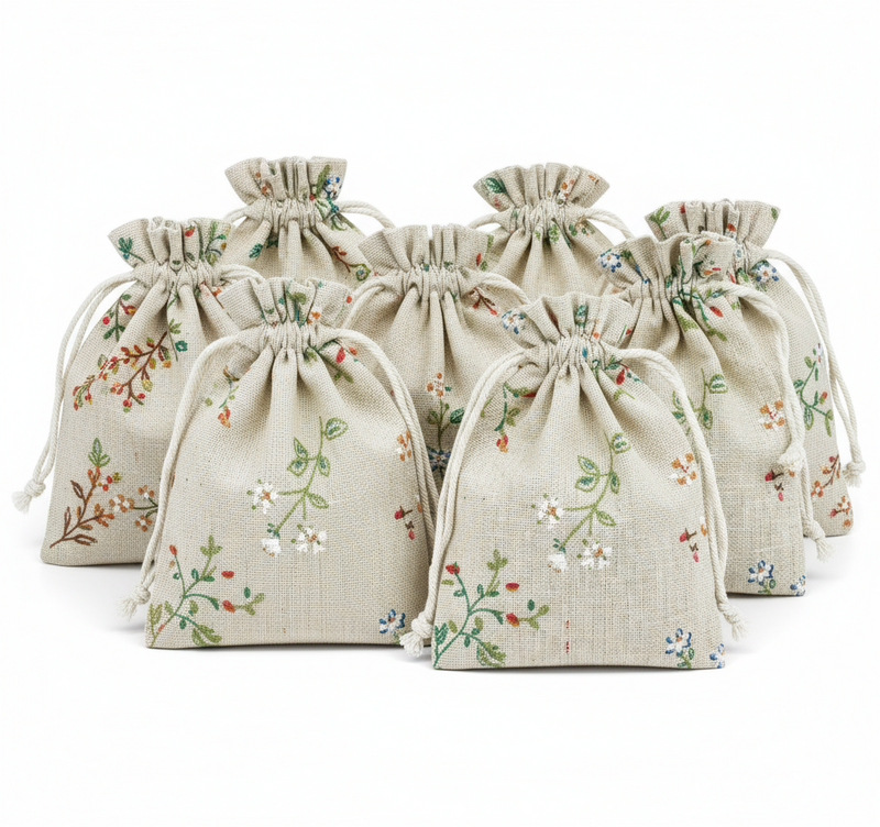 Pattened Cotton linen gift bags 12 cm x 17 cm, Drawstring small jewellery pouches Eco-friendly