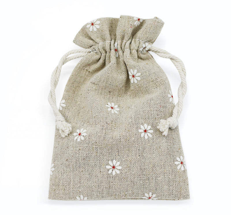 Pattened Cotton linen gift bags 8 cm x 10 cm, Drawstring small jewellery pouches Eco-friendly