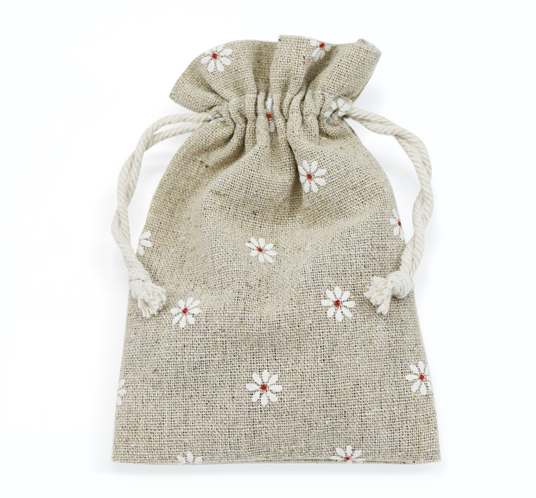 Pattened Cotton linen gift bags 8 cm x 10 cm, Drawstring small jewellery pouches Eco-friendly