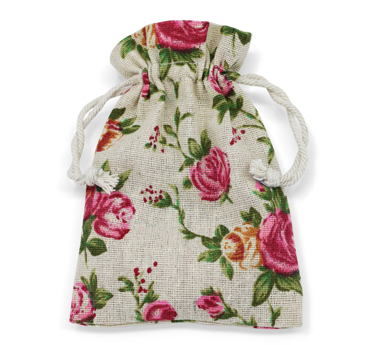 Pattened Cotton linen gift bags 12 cm x 17 cm, Drawstring small jewellery pouches Eco-friendly