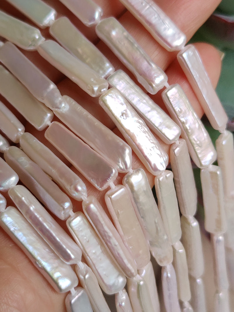 Long White Biwa Stick Genuine Freshwater Loose Pearls Rectangular for Jewellery Making Craft
