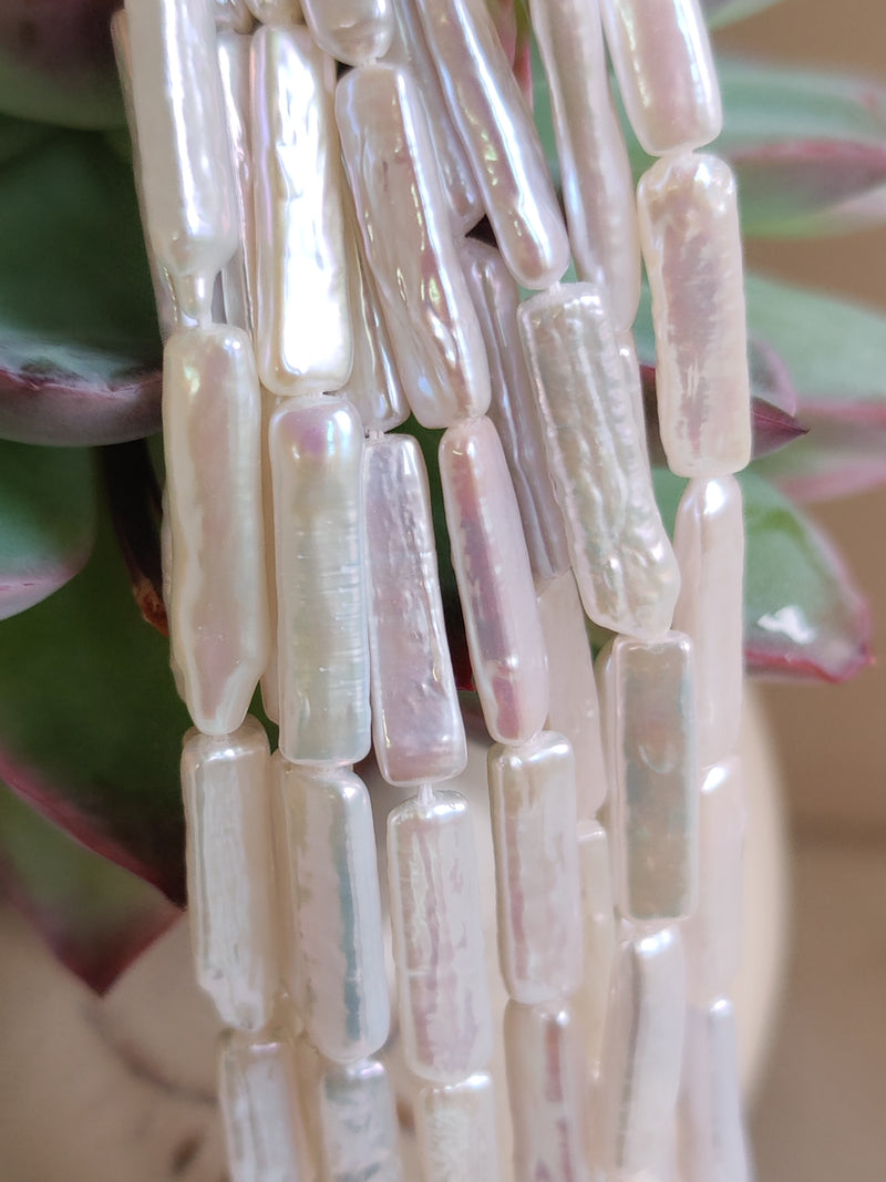 Long White Biwa Stick Genuine Freshwater Loose Pearls Rectangular for Jewellery Making Craft