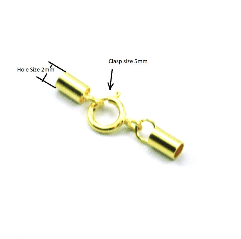 Gold Vewmeil Sterling Silver Cord End Caps with Spring Ring Clasp, 2mm Hole