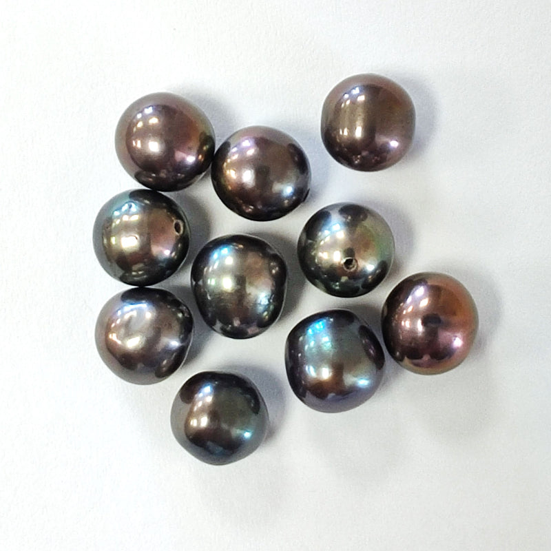 10 x Peacock Black Half-drilled Near Round Freshwater Pearls A 7mm for Jewellery Making