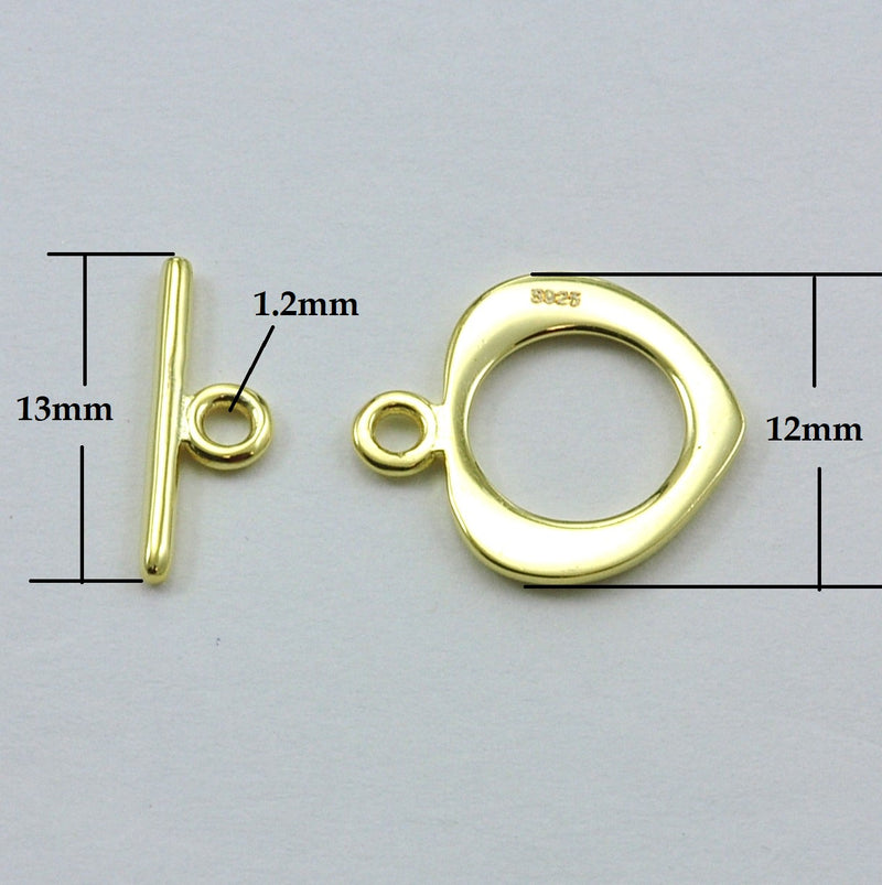 Gold Vermeil 925 Sterling Silver Heart Ring Bar Toggle Clasp Jewellery Findings 12mm