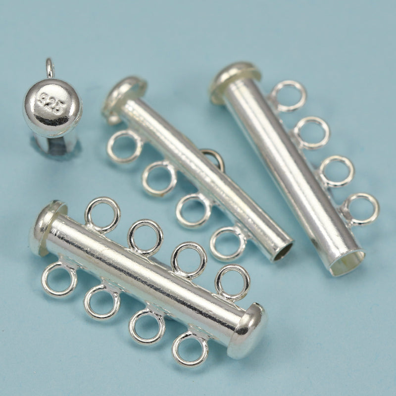 925 Sterling Silver 2, 3 -strand Tube Slide Clasp for Jewellery Making Findings