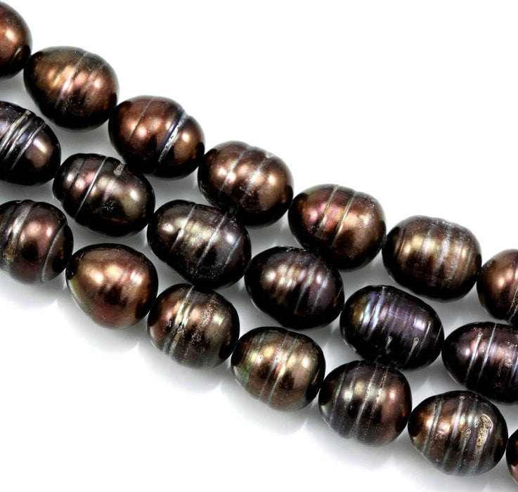 10 - 11 mm Brown Bronze Large chunky ringed oval rice freshwater pearl beads for Jewellery making