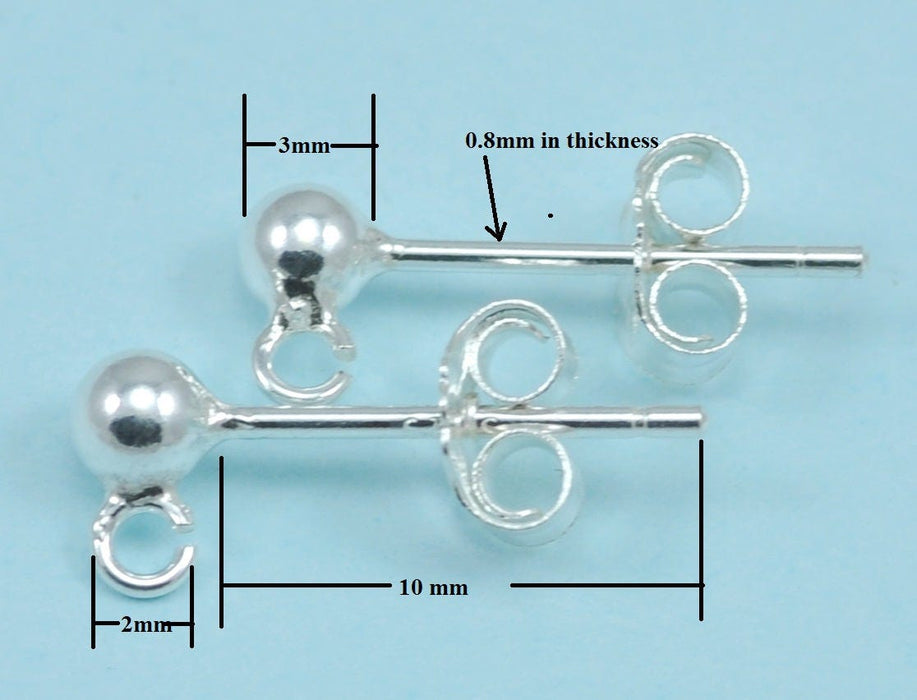 Solid 925 sterling silver ball earring posts and backs findings for jewellery making