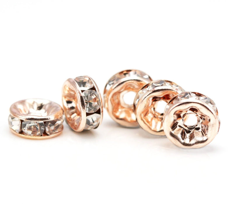 Rondelle spacers beads in packs of 100 , Rhinestone crystal diamante silver / rose  / gold or gun metal plated