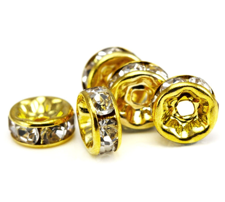 Rondelle spacers beads in packs of 100 , Rhinestone crystal diamante silver / rose  / gold or gun metal plated