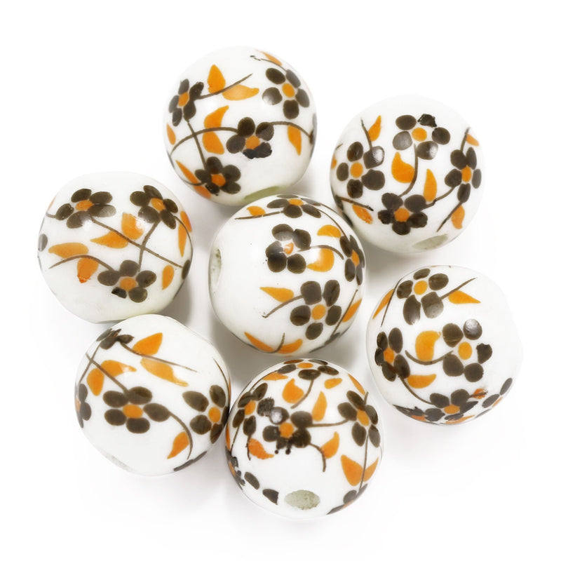 20 x  Brown Floral Round Porcelain Ceramic Beads for Jewellery Making 8 mm, 10 mm and 12 mm