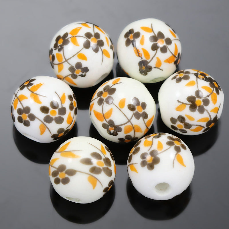 20 x  Brown Floral Round Porcelain Ceramic Beads for Jewellery Making 8 mm, 10 mm and 12 mm