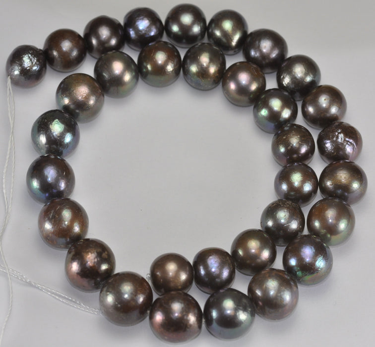 12-14mm Large Peacock Black Round Nucleated Baroque Genuine Freshwater Pearls - 6 loose or 1 string