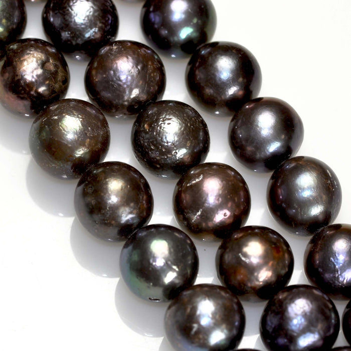 12-14mm Large Peacock Black Round Nucleated Baroque Genuine Freshwater Pearls - 6 loose or 1 string