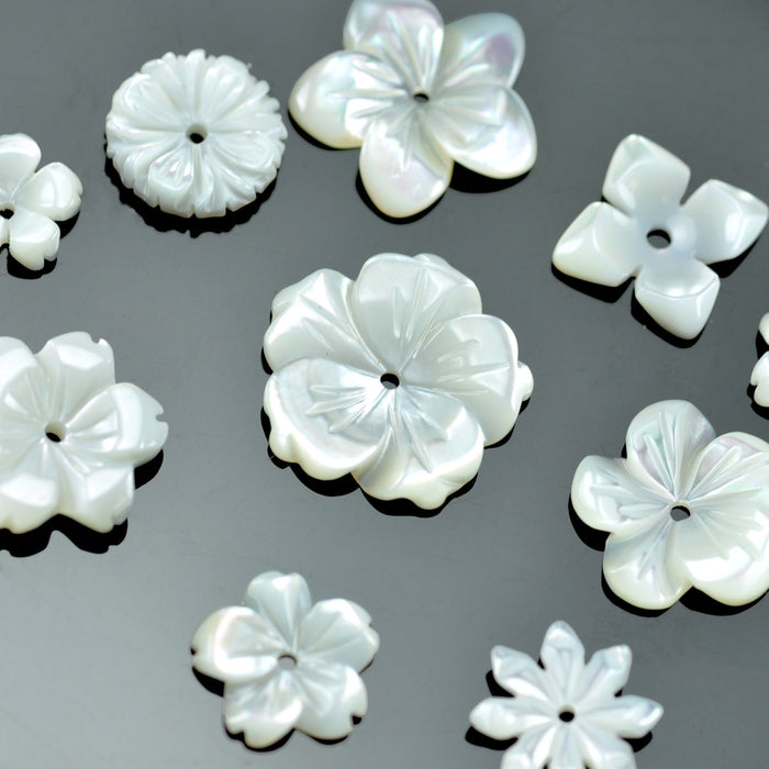 6x Ivory Cream Mother of Pearl Sea Shell Carved Flower Beads Jewellery Making