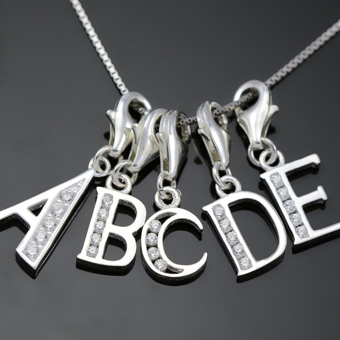 Solid 925 Sterling Silver Alphabet Letter Charm Clip on with Lobster Clasp