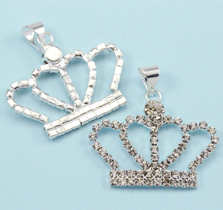 Rhinestone  Crowns,  Crystal Diamante Silver Plated Pendants Charms Diamante Beads x 5