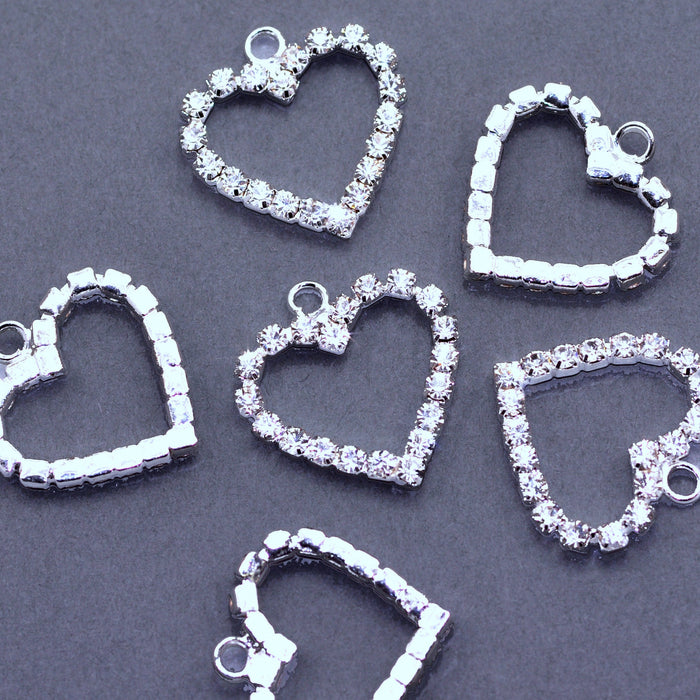 Rhinestone Diamante Silver Tone Heart Pendants Charms Wedding Embellishment x 10