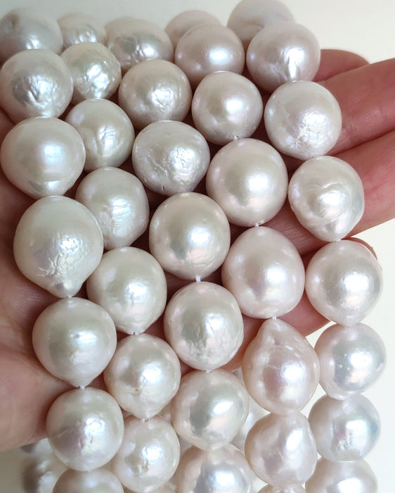 White Large Nucleated Baroque Teardrop Near Round Genuine Freshwater Pearls for Making Earrings 11-13 mm