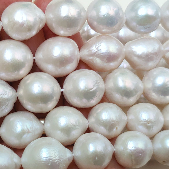 White Large Nucleated Baroque Teardrop Near Round Genuine Freshwater Pearls for Making Earrings 11-13 mm