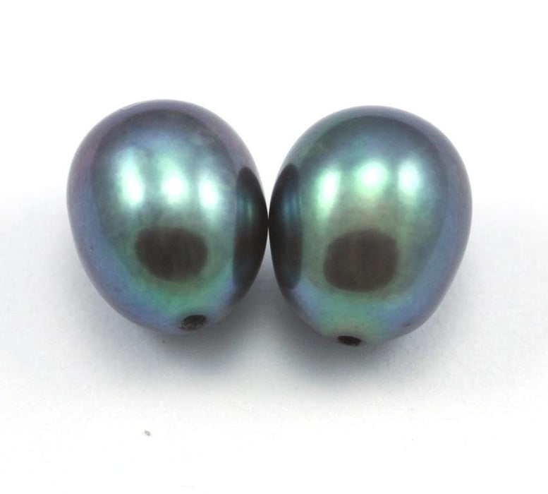 2x Peacock Black Green Teardrop Oval Half-drilled Freshwater Rice Pearls for Making Earrings AAA